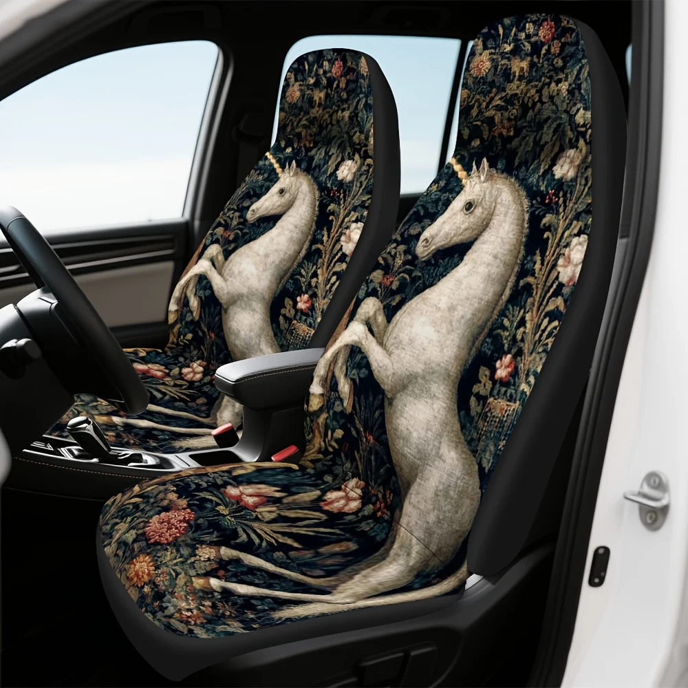 2pcs Fantasy Unicorn Print Front Seat Covers - Universal Fit For Cars, SUVs, Trucks - Elegant Floral & Unicorn Design, Durable P