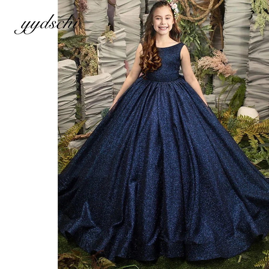 

Deep Blue Glitter Sequins Flower Girl Dress Kid Birthday Sleeveless A-line Floor Length Elegant Bow Princess Tulle Wedding Dress