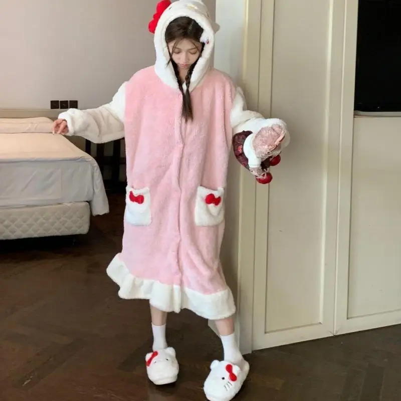 Sanrio Girl Thickening Hooded Winter Jumpsuit Nightgown Kawaii Hello Kitty Comic Student Keep Warm Sleeping Skirt Leisure Wear