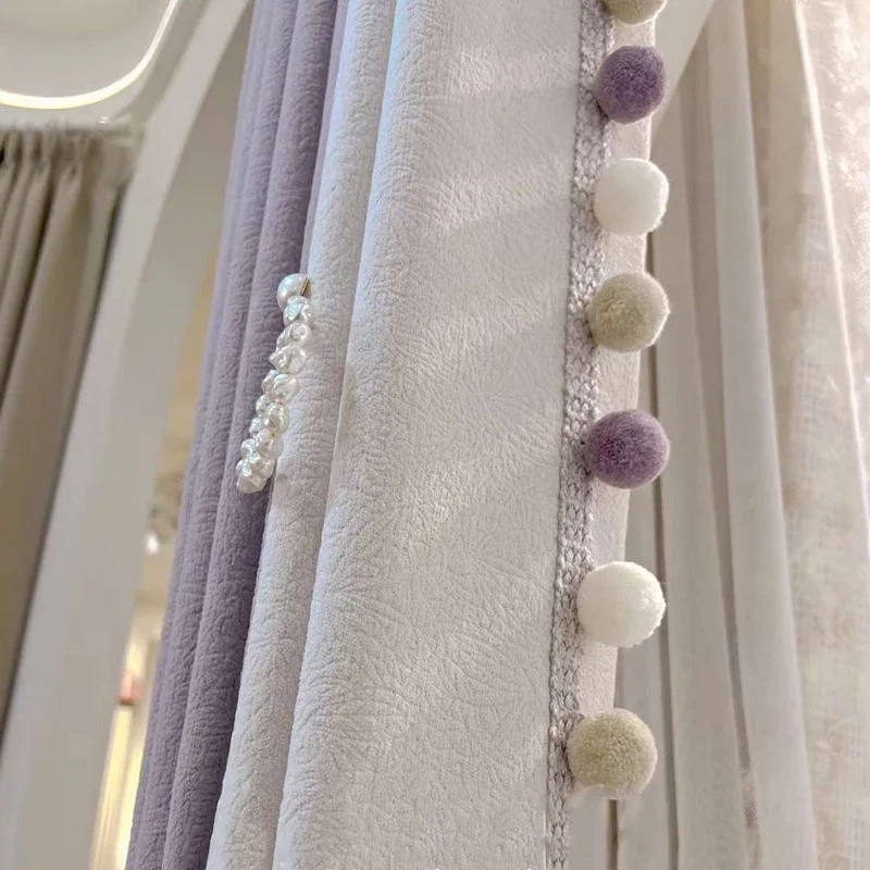 French Dreamy Taro Purple Splicing Lily White Curtain for Bedroom Living Room Light Luxury Simple Shading Sun Protection Curtain