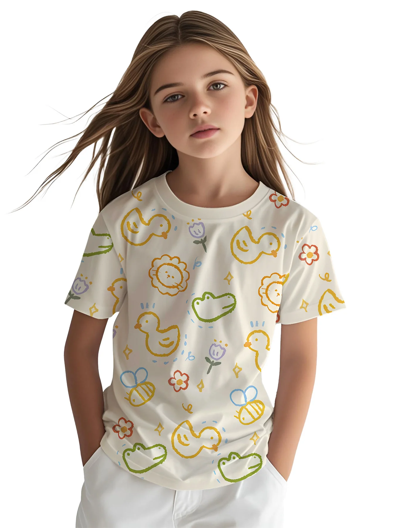 Girls Cute Doodle Animal T-Shirt, Hand Drawn Duck Lion Crocodile Bee Floral Print Short Sleeve Crew Neck Kids Graphic Tee