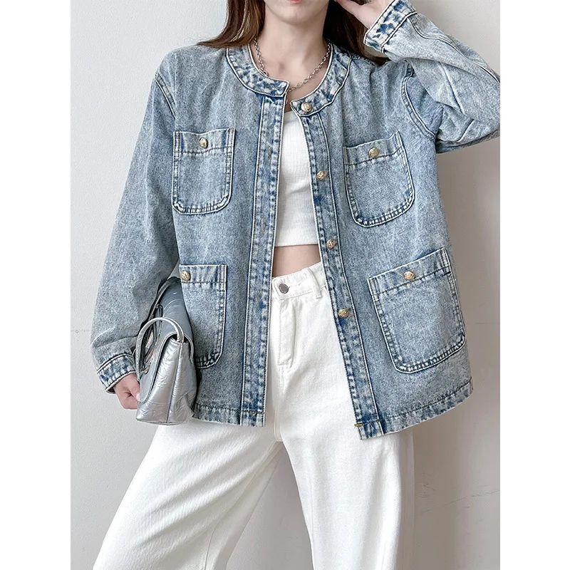 2024 Ladies New Snowflake Denim Jacket round Neck Straight Casual Jacket