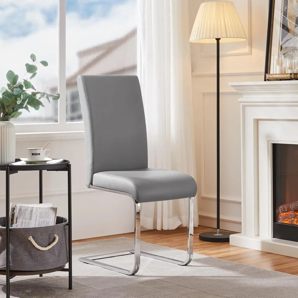 Upholstered Leather Dining Chairs with Metal Legs and High Back for Kitchen and Living Room