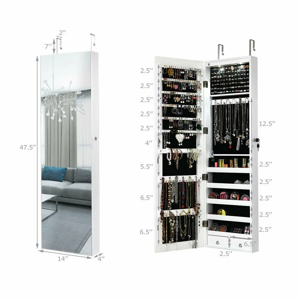 Wall & Door Mounted Mirrored Jewelry Cabinet Storage Organizer W/ Lights&Drawer