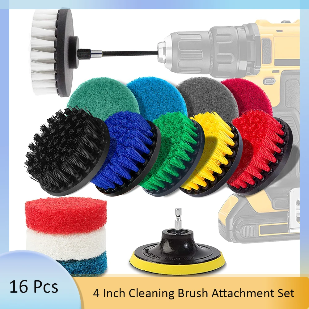 

16Pcs Cleaning Brush Attachment Set Power Scrubber Scouring Pads with Long Reach for Car Floor Kitchen & Automotive