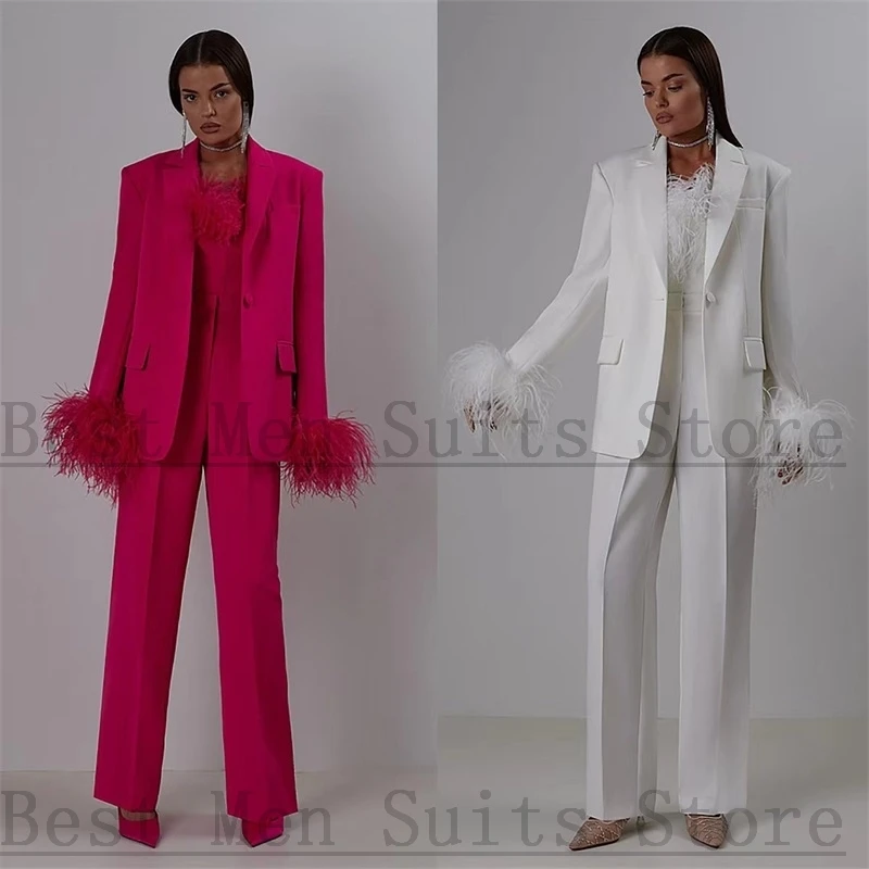 Ostrich Feather Women Suits Set Blazer+Top Bra+Pants 3 Pieces Wedding Tuxedo Prom Dress Formal Office Lady Jacket Custom Made