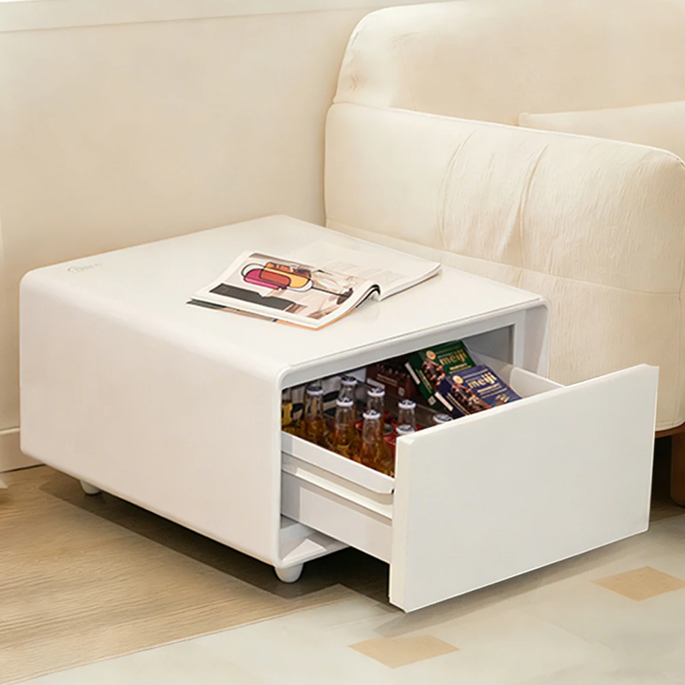 White 65L Smart Side Table with Built-in Fridge, Bedroom Nightstand with Speaker and Wireless Charging