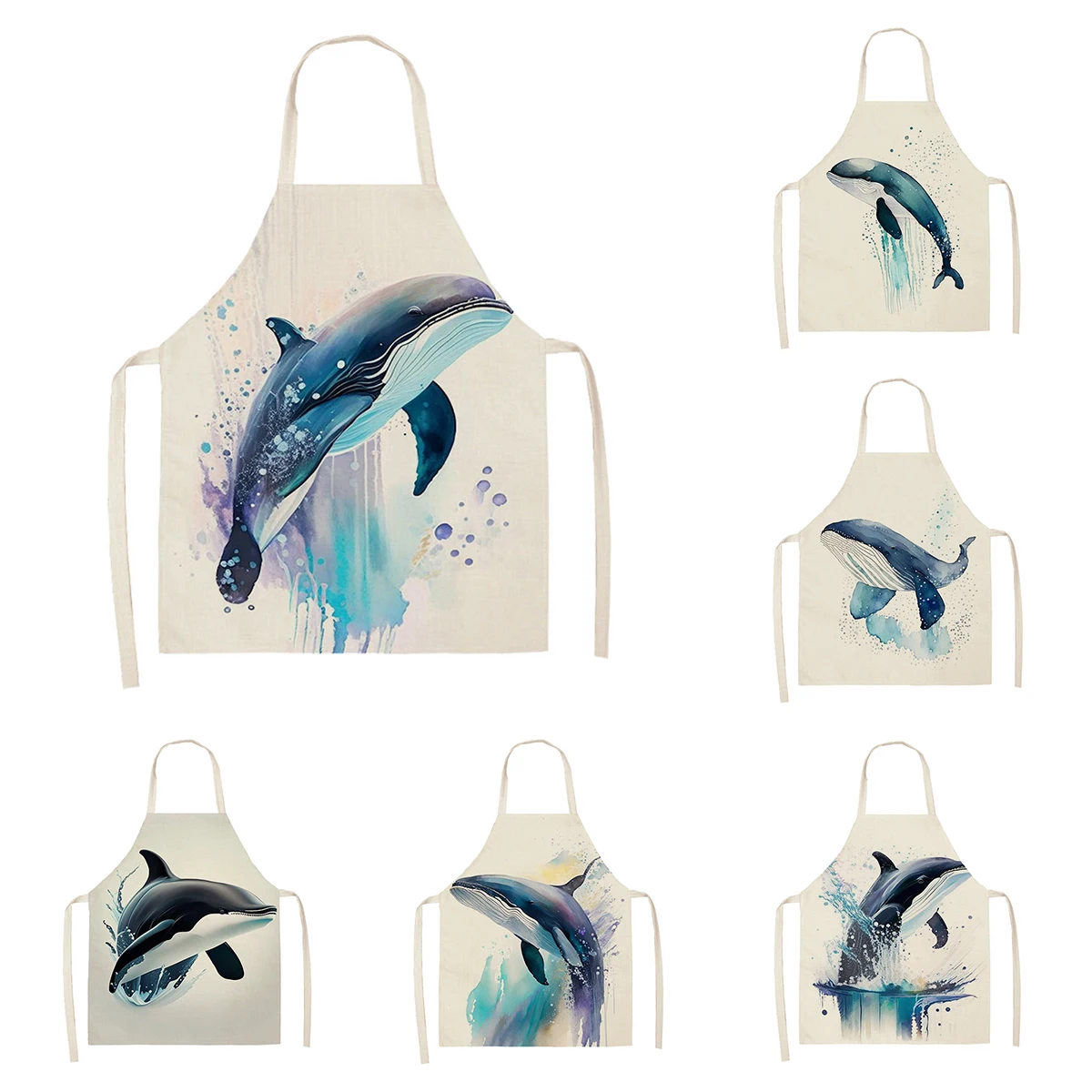 Women's kitchen apron oil painting style Restaurant chef barber Waterproof apron for menand child painting ocean shark 55×68cm