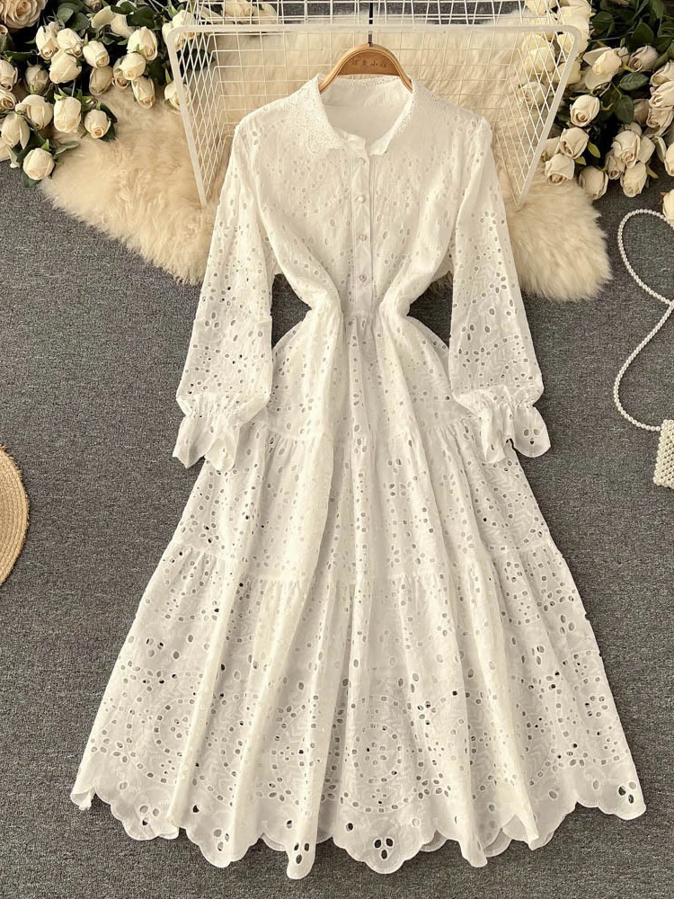 

Women French Vintage Hollowed Out Embroidery A-line Dress Spring Autumn Lapel Long Sleeved Lace Patchwork High Waist Slim Robe