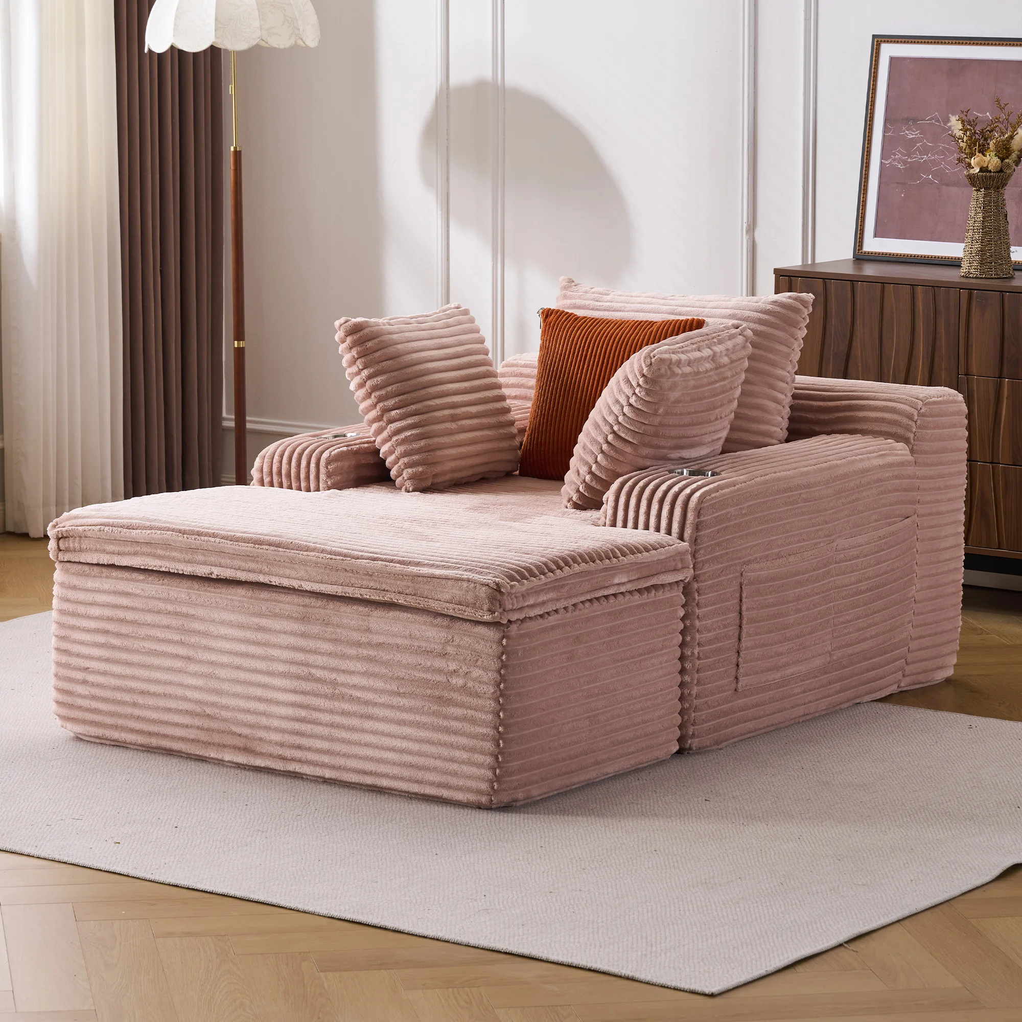 Canapé-lit moelleux, chaise longue surdimensionnée en velours côtelé confortable, canapé sans installation requise, canapé de sol ergonomique à assise profonde avec coussin 2-en-1, couverture et porte-gobelets pour salon, chambre et appartement