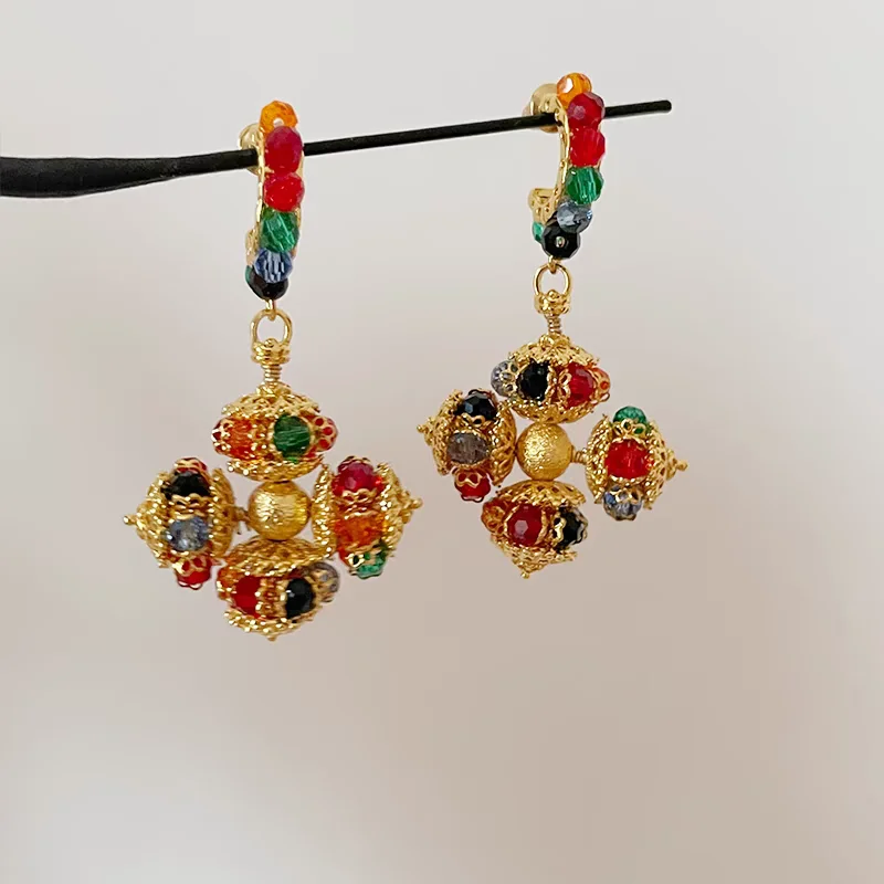 Brass With 18K Gold Colorful Beads Floral Pendant Necklace Women Jewelry Punk Designer Runway Rare Gown Boho Japan Korean