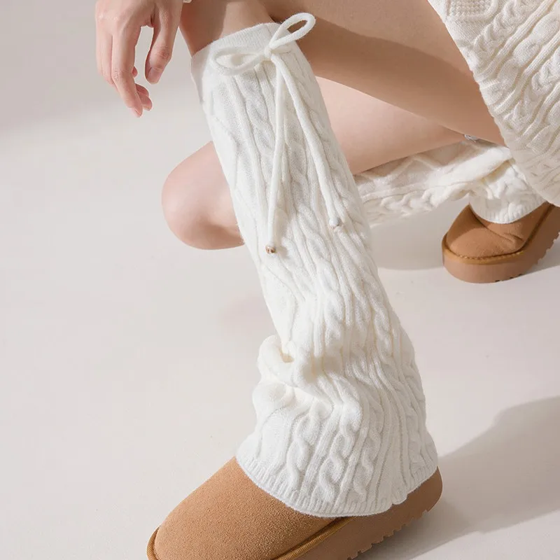 Alças com cordão, capas de meias de perna larga de lã espessada, capas de pé de malha quente e capas de bota femininas