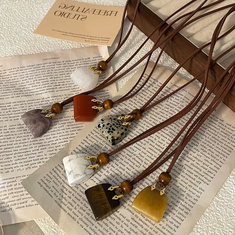 

Vintage Natural Stone Bag Pendant Long Necklace for Women Girls Autumn Winter Sweater Chain Fashion Accessories Party 장식
