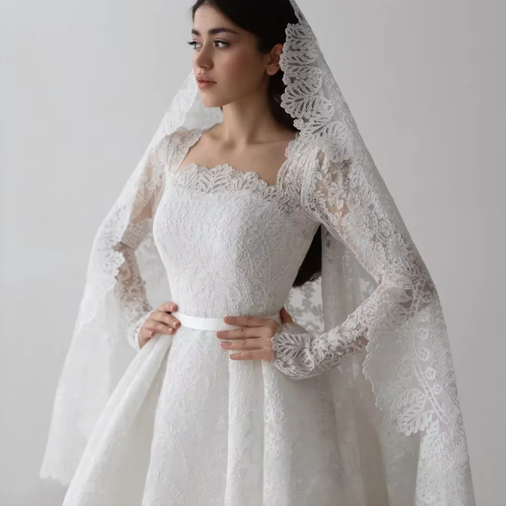 Lace Wedding Dress Customized Long Sleeve Button Bride Dresses Classic Luxury Bridal Gowns Floor Length Vestidos De Novia