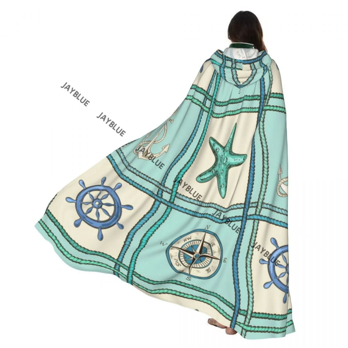 

Nautical Patchwork With Ropes Starfish Anchor Wheel And Compass Hooded Cloak Polyester Unisex Witch Cape Costume Accessory