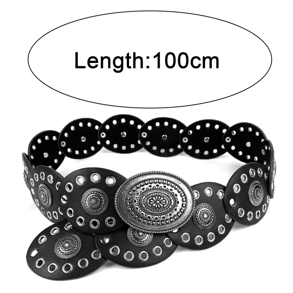 ยุ้ยรอบหัวเข็มขัดเข็มขัดยุ้ยรอบหัวเข็มขัดกว้างตาไก่เข็มขัดหนัง Faux Vintage Western Disc เข็มขัดเอวสําหรับสตรี