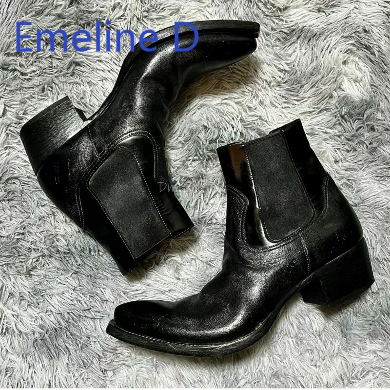Pointed Black Chelsea Boots for Both Men and Women Thick Heel Thick Sole Upturned Toe Personalized Height Increase and Cool Look