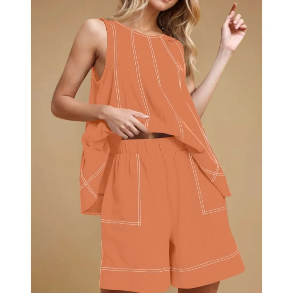 موضة القطن الكتان تقسم أكمام شيك المرأة مجموعة تي شيرتات قصيرة للأطفال الصيف جديد جيب غير رسمي فضفاض السراويل الرياضية 2 قطعة مجموعة الإناث