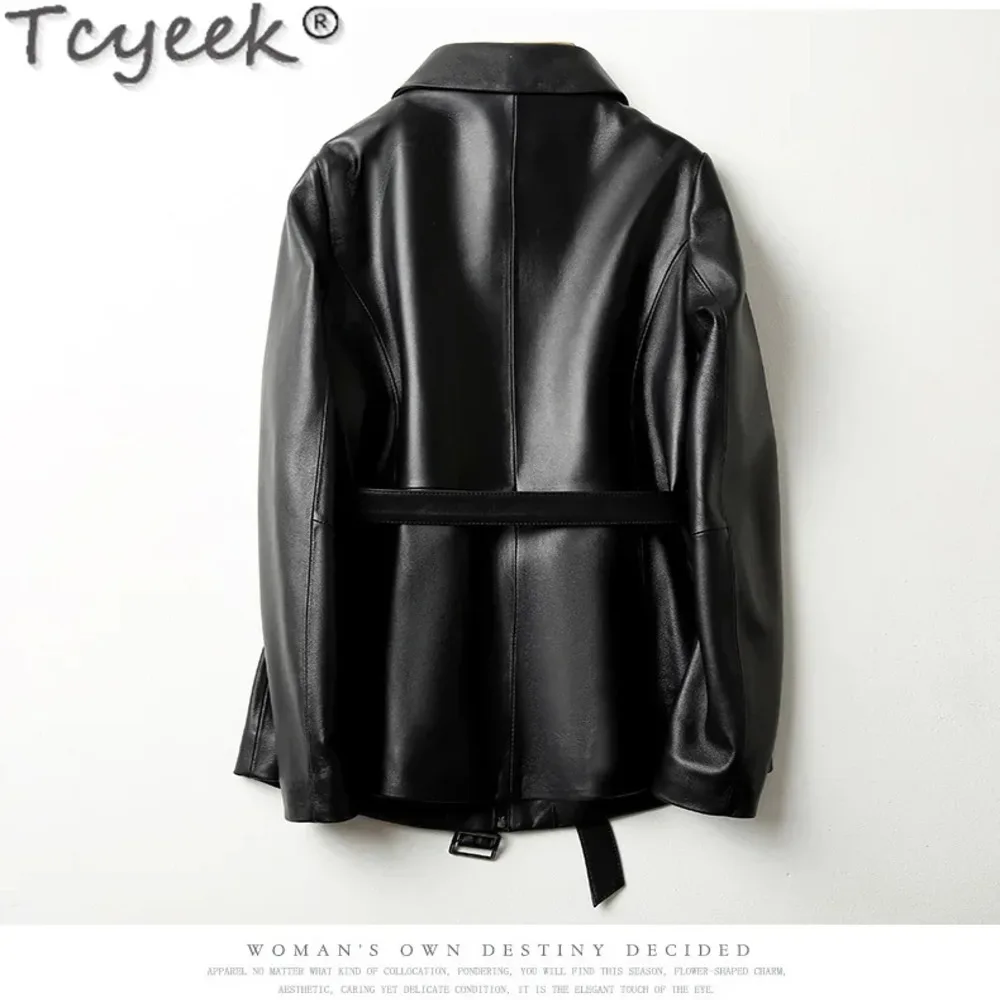 Real Tcyeek-Chaqueta de piel de oveja auténtica para mujer, chaquetas de motocicleta de longitud media, abrigos de cuero para mujer, ropa de otoño e invierno, 2024