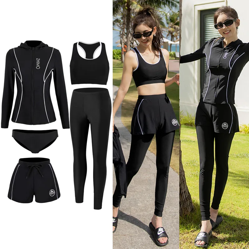 Conjunto de 5 unidades de protectores contra sarpullidos para mujer, camisa de baño de manga larga, bañadores, mallas y Bikini, trajes de baño de secado rápido, chándales con protección solar y UV