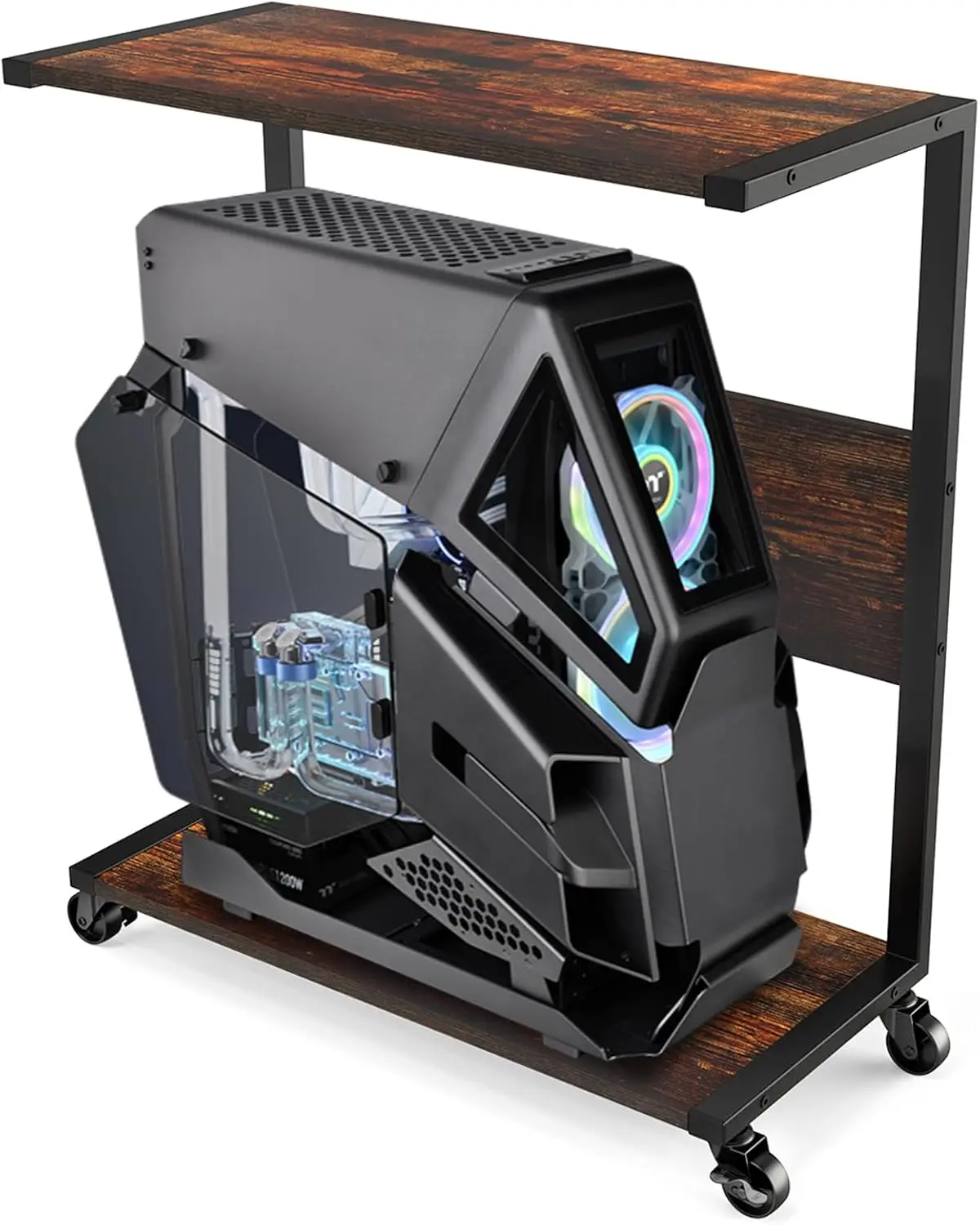 

2-Tier Large PC Tower Stand with Wheels, C-Shape Wooden Mobile Cart Under Desk for ATX Case, Home Office Storage