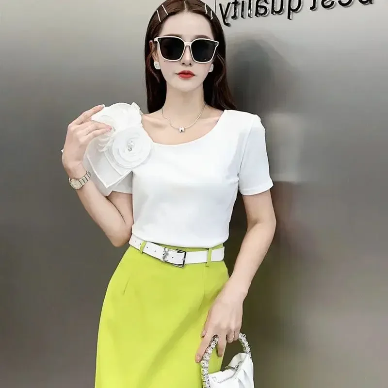 KUSAHIKI Short Sleeve Shirts for Women 2023 Summer 3D Flower Graphic T-Shirts Fashion Skew Collar Korean Style Y2k Top