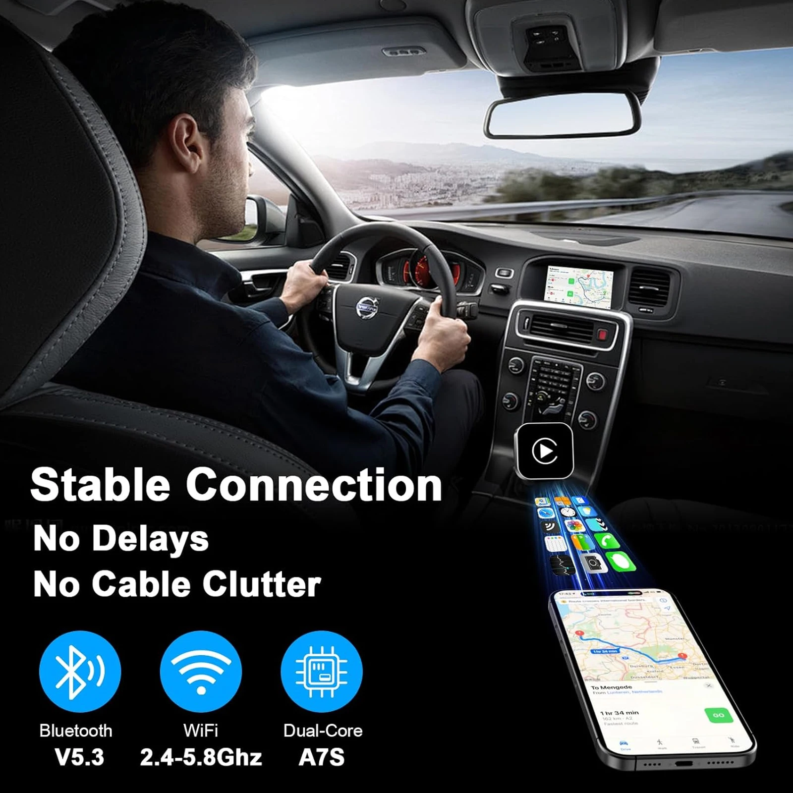 محول Carplay اللاسلكي 2 في 1، يحول سلكيًا إلى محول carplay اللاسلكي لهواتف iPhone وAndroid، التوصيل والتشغيل Carplay