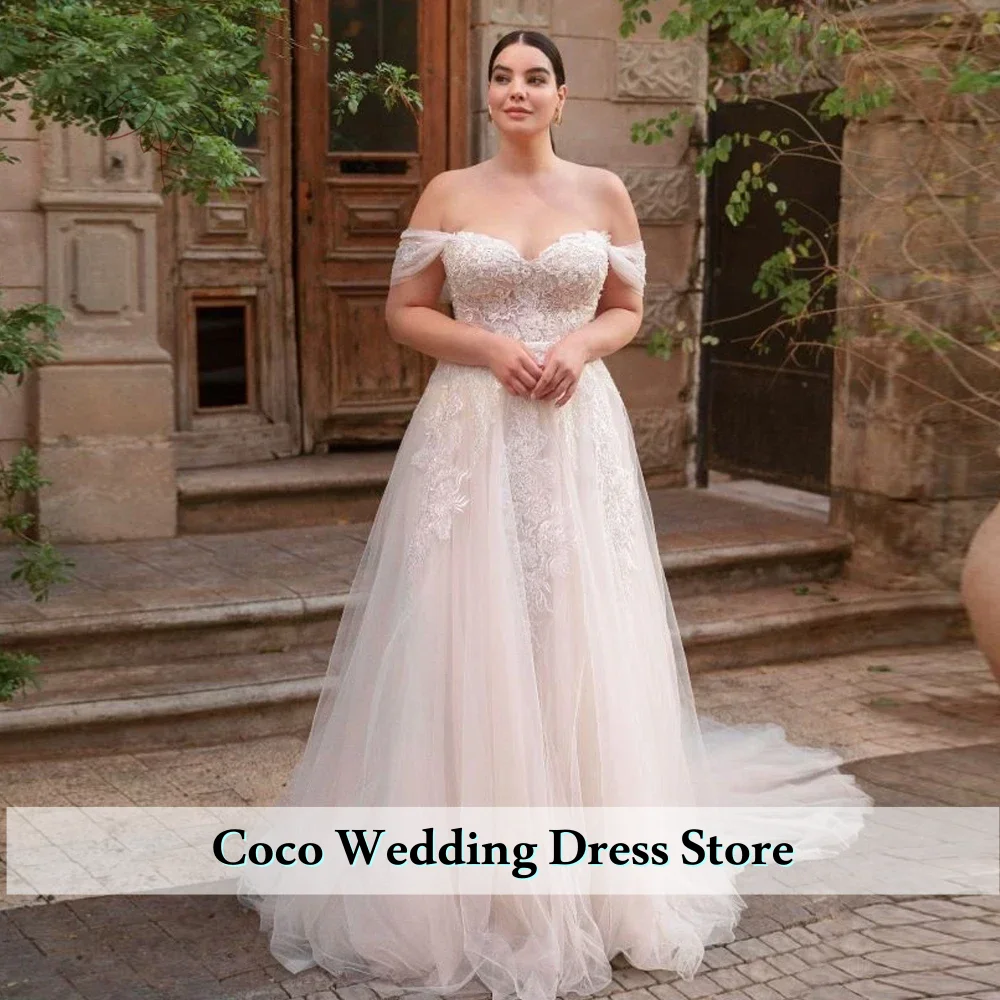 Robe De mariée trapèze personnalisée, épaules dénudées, col en cœur, avec des Appliques en Tulle