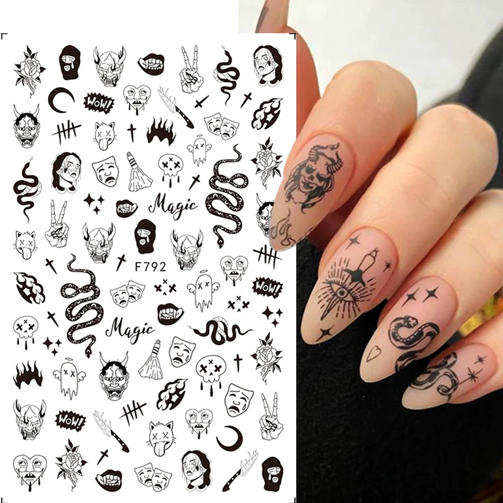 1Pcs 3D Nail Sticker Aesthetic Black Snake Evil Eyes Skull Gothic Decoration Witch Nail Art Butterfly Slider For Manicure GLF792