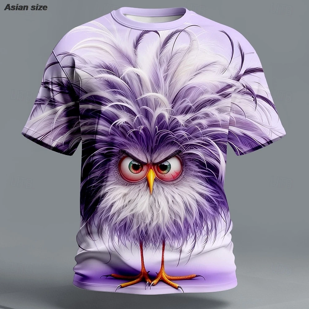 Mens 3D Funny Crazy Bird T Shirt Big Eyes Ostrich Graphic Tees Messy Feathers Print Short Sleeve Summer Casual Tops Apparel