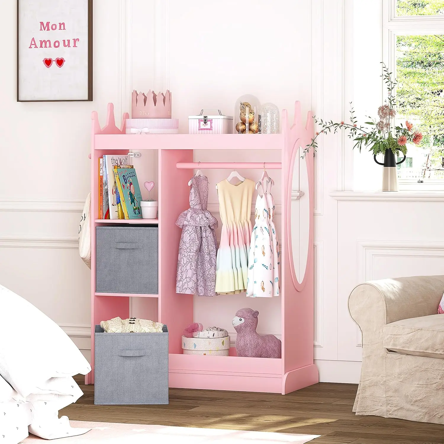 Armoire pour enfants avec miroir et bac de rangement, armoire rose, appels, qualité et style, beaucoup d'options de seuil et d'âge