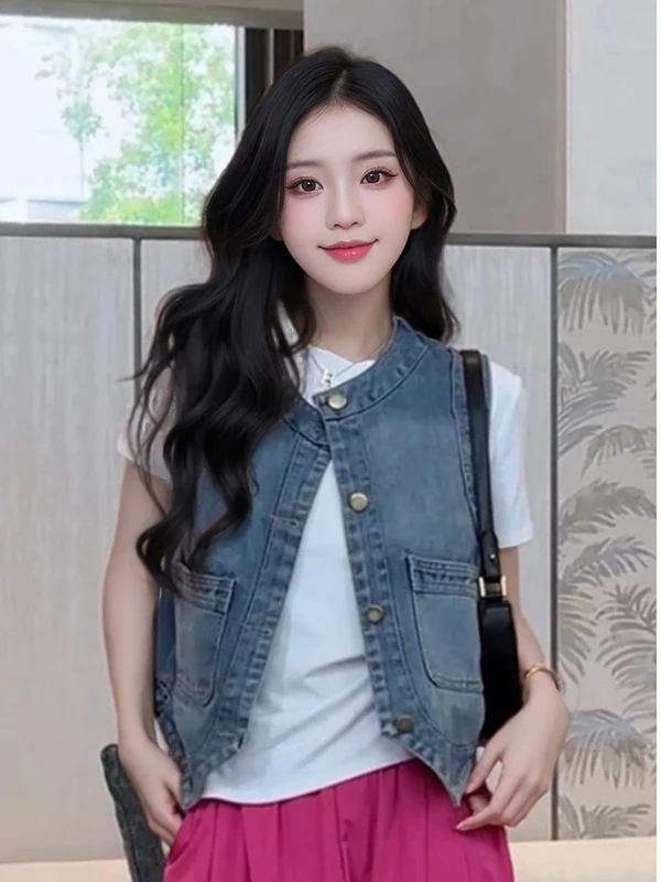 

Женский джинсовый жилет, летний тонкий круглый Ne Svel Jaet, верхняя одежда, универсальный топ в стиле ретро, повседневный топ из смеси хлопка с высокой талией