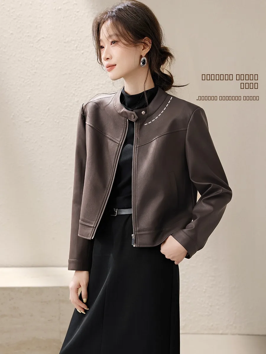 Mehai Motorcycle Sle Long Sve Suede Jaet PU Leather Coat Autumn Faion Women's Clothing Commute Sle Straight Cut