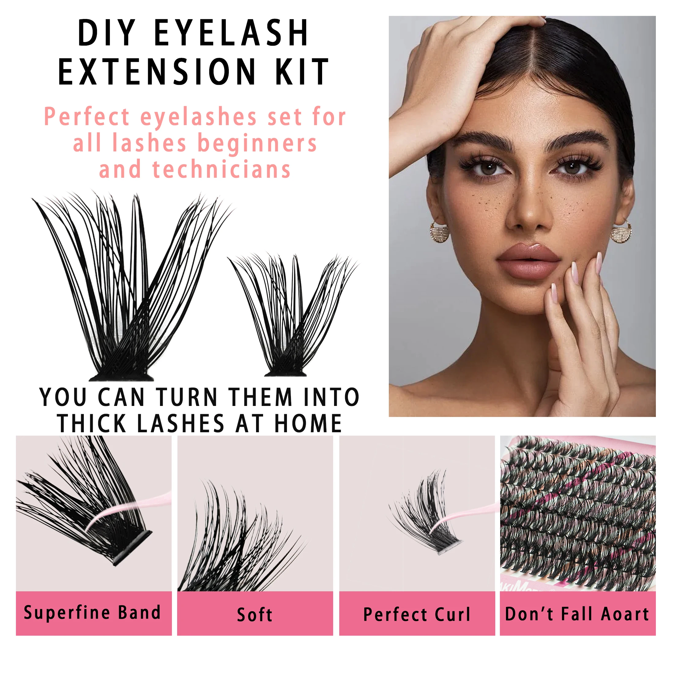 Kit de extensión de pestañas DIY, grupos de pestañas individuales de estilo mixto con removedor de pegamento y pinzas, juego de pestañas postizas para maquillaje de Cosplay