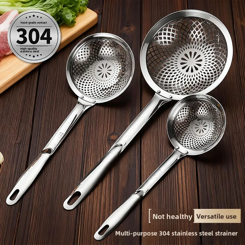 Stainless Steel 304 Food Grade Large Size Kitchen Noodle Strainer Fried Dumpling Spoon Soup Ladle Home Use Heavy Duty Strainer