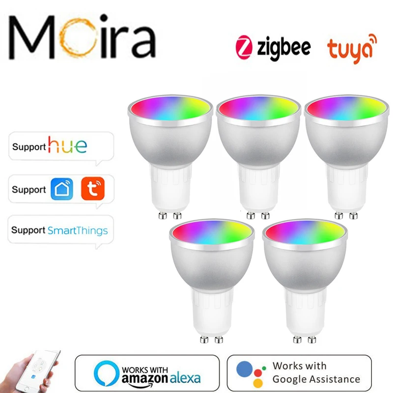1-10 sztuk Zigbee inteligentna domowa żarówka LED Spot lampka nocna 5W GU10 RGBCW Tuya Smartthings działa Alexa Google Home Hue-kompatybilny