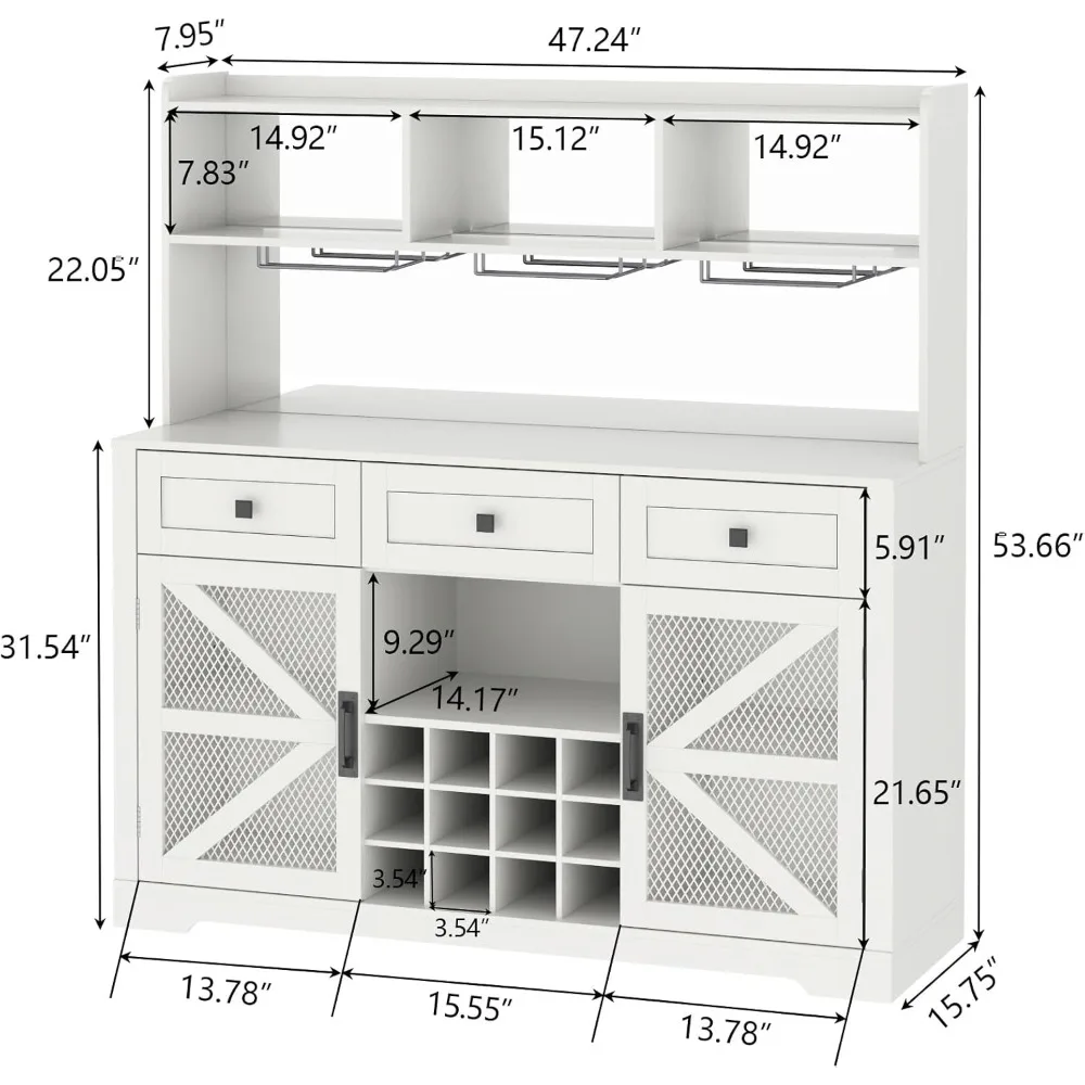 Kabinet Bar Anggur Rumah Pertanian dengan Lampu LED, Kabinet Bar Kopi Dapur dengan Cermin Akrilik, Rak Anggur & Kaca, Rak Penyimpanan a