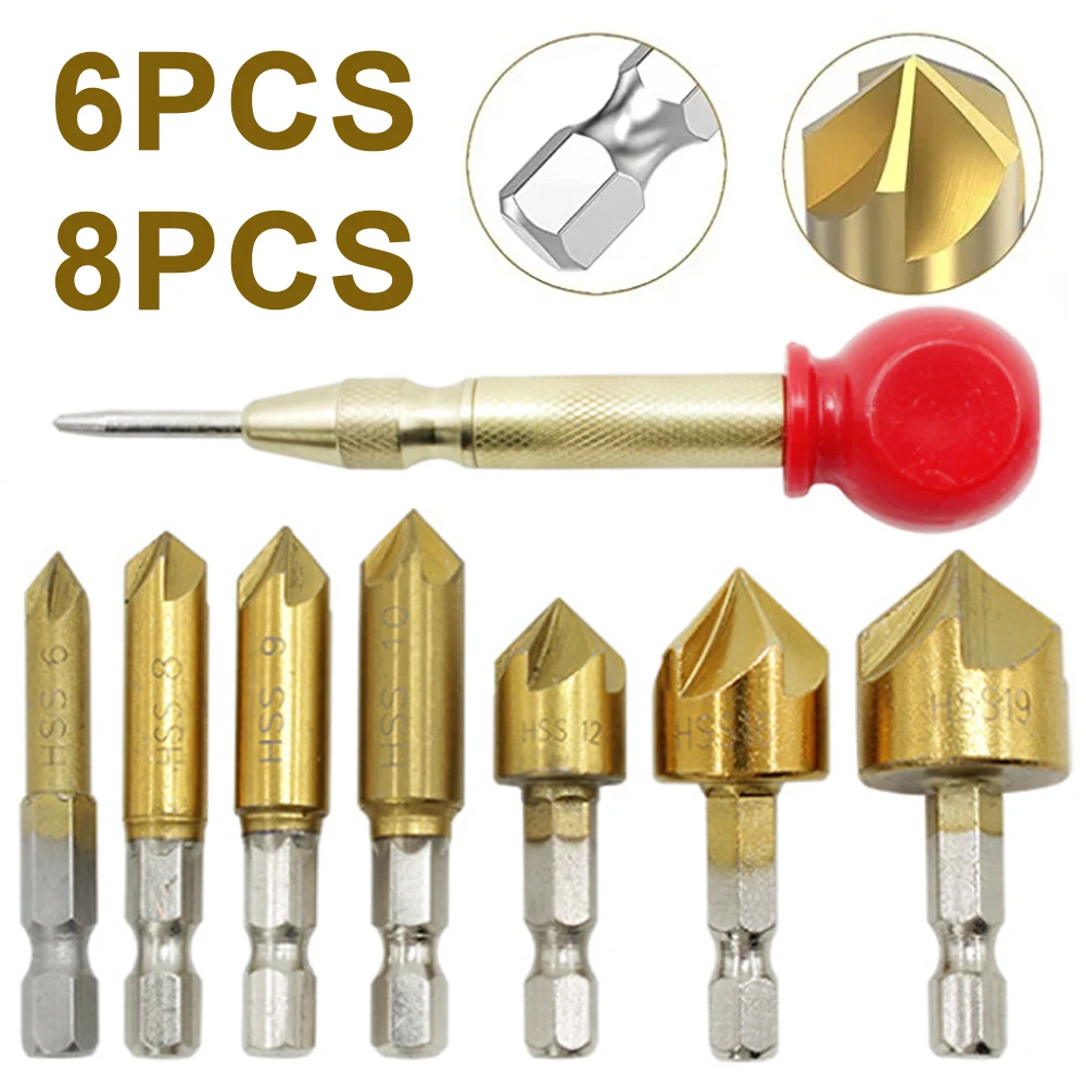 

6 PC 8 PC Hexagonal Handle Titanium Plated Five Edge Chamfering Knife Countersunk Drill 6-19mm Woodworking Spot Facer Tool Set