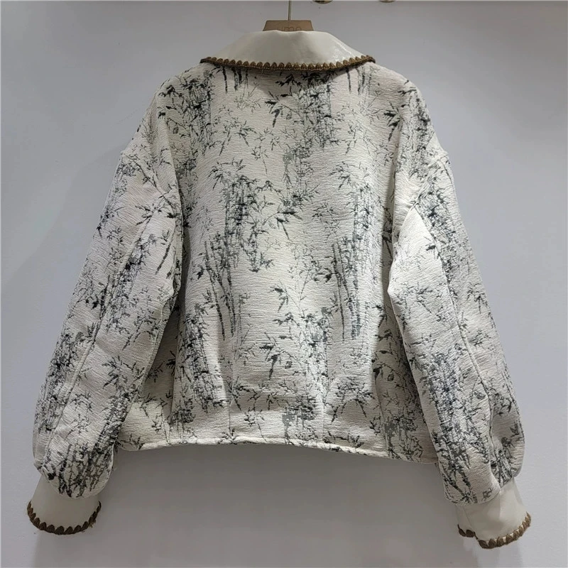 Autumn Korean Casual Apricot Women Short Jacket Fashion Print Faux PU Leather Big Pocket Patchwork Lapel Long Sleeve Female Coat