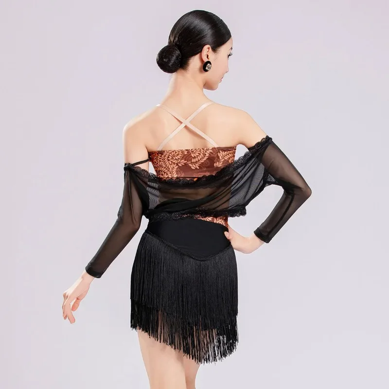 

Kids Girls Latin Dancewear Practice Print Mesh Bodysuit and Tassel Skirts Suit Rumba Chacha Dance Competition Costume 2026