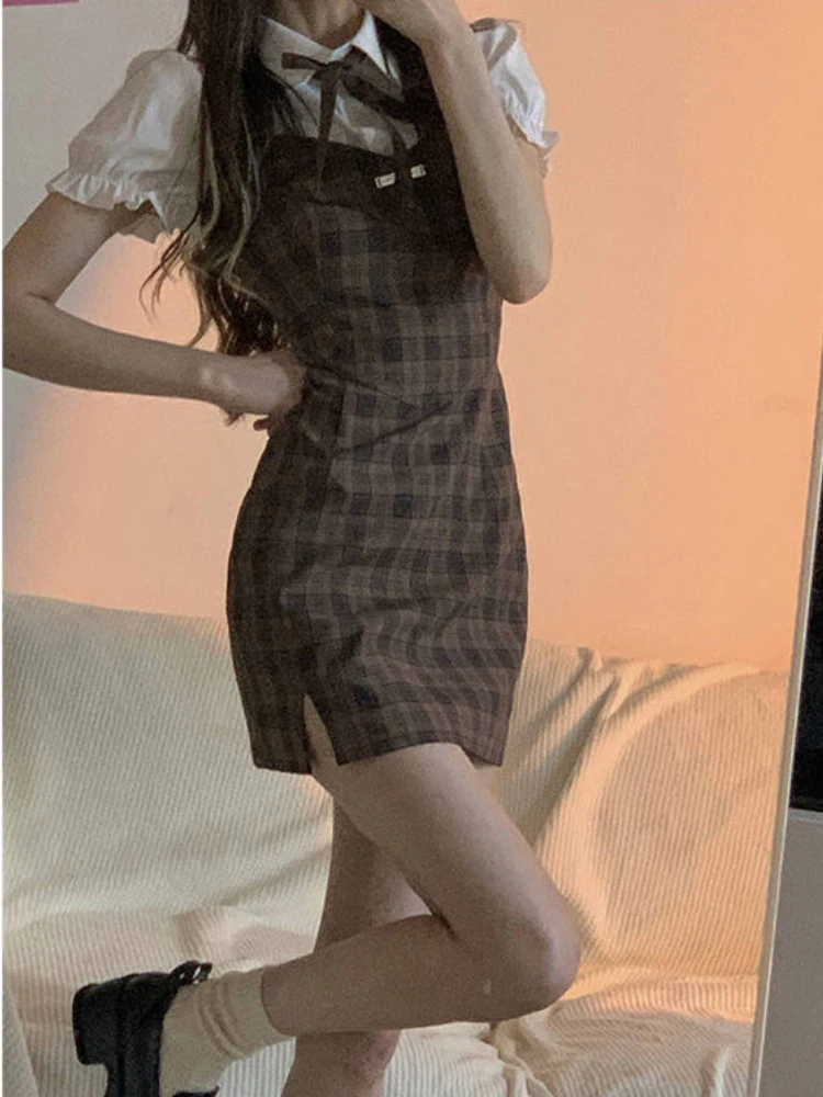 Mini Dresses for Women Fake Two Pieces Puff Sleeve Bow Summer Plaid Hotsweet Preppy Style Elegant Chic Fashion All-match Ladies