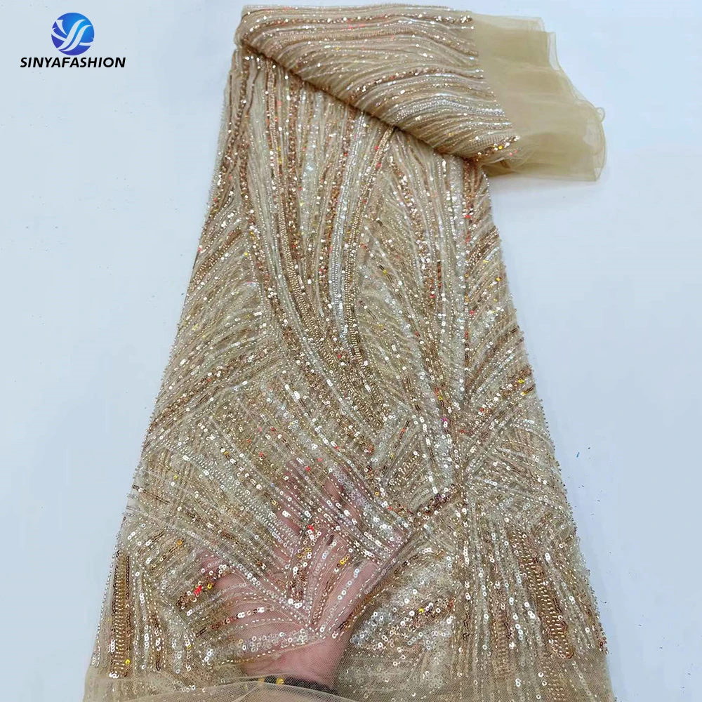 

Sinya Latest High Quality Champagne French Tulle With Full Sequins African Dubai Hand Beaded Lace Bridal Fabrics Luxury