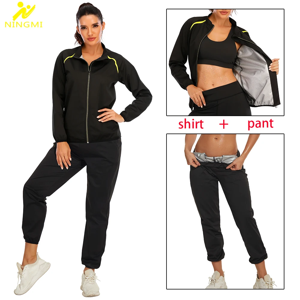 NINGMI Women Sauna Set Weight Loss Long Sleeve Sweat Top Leggings Slimming Jacket Trousers Body Shaper Fat Burner Sportwear