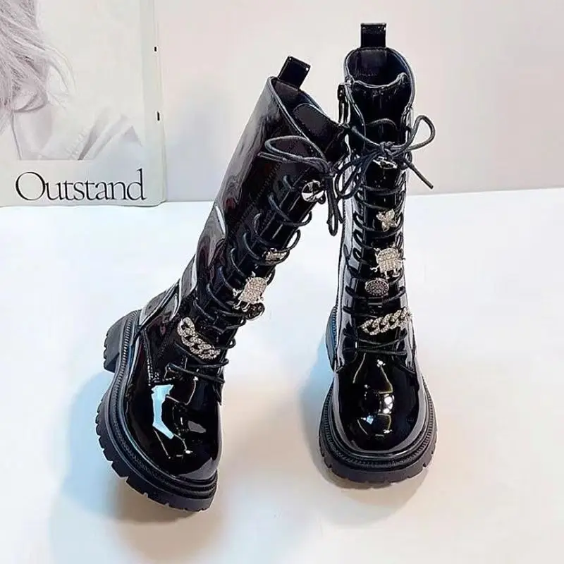 Girls\' High Boot New Princess Rhinestone Side Zipper Long Boot 2024 Autumn/Winter Children\'s Black Versatile Fashion Boot