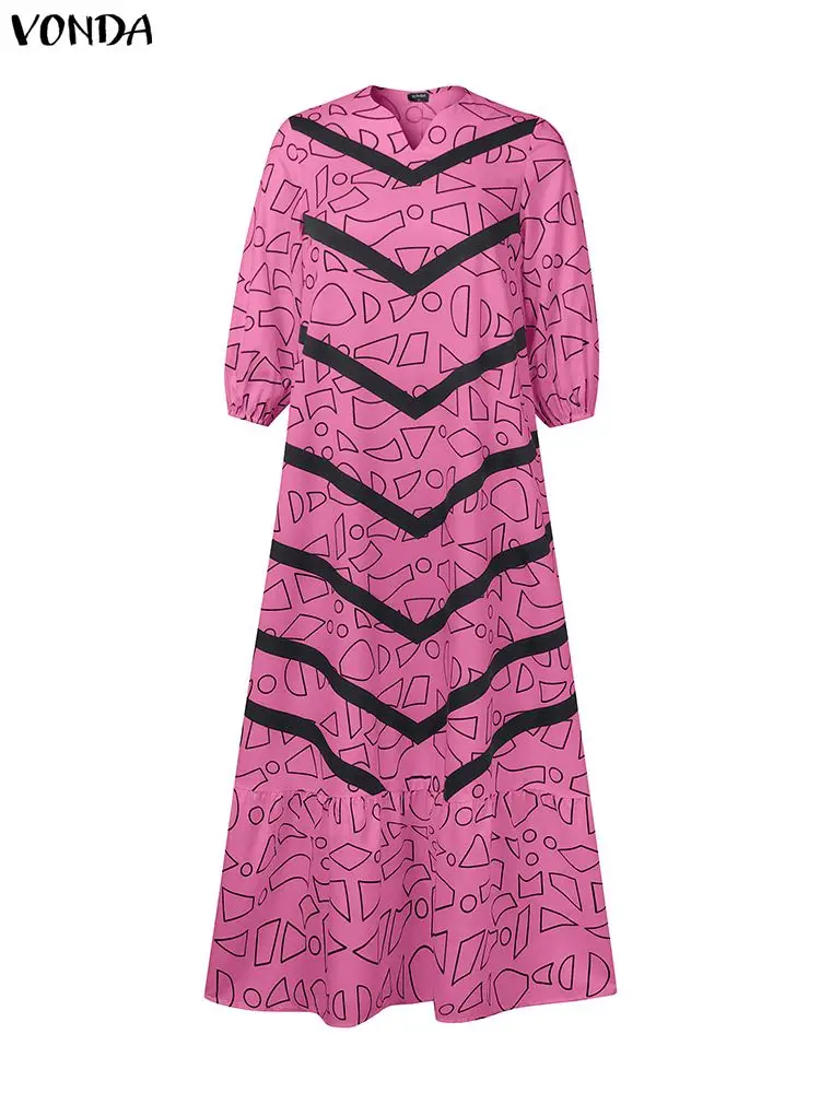 فوندا حجم كبير تكدرت المرأة البوهيمي فيستدوس الخريف طويل ماكسي رداء طباعة حفلة أنيقة 3/4 كم فستان فضفاض غير رسمي 5XL #4