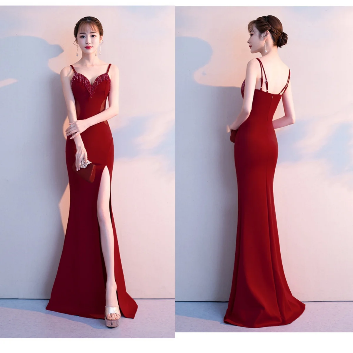 

Evening Dress Burgundy Stretchy Sgaphetti Straps Beads Zipper Back Mermaid Trumpet Floor length Women Party Formal Gowns YE283