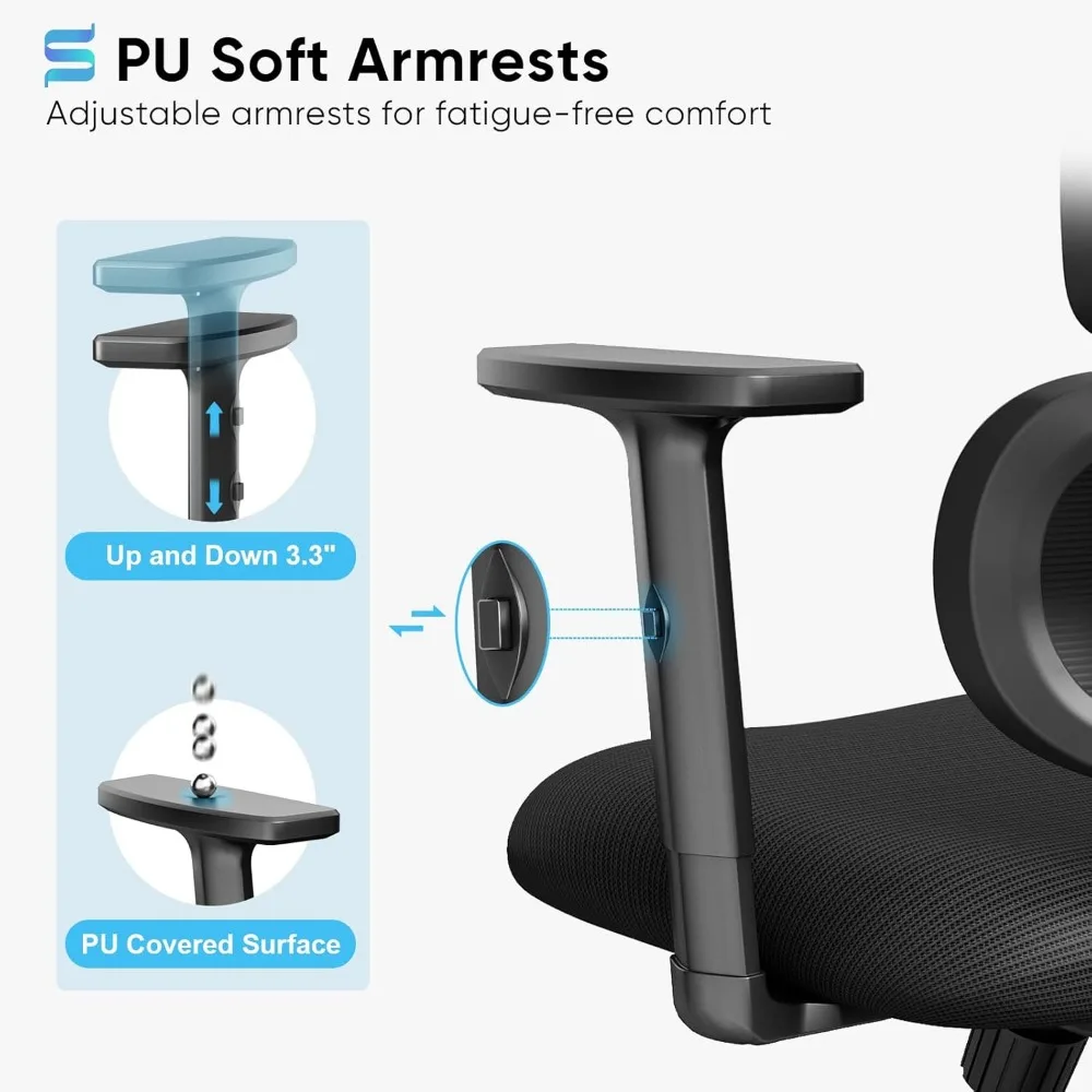 Kursi kantor ergonomis, kursi meja jaring punggung tinggi dengan penopang pinggang dan sandaran kepala dapat disesuaikan, kursi komputer putar eksekutif