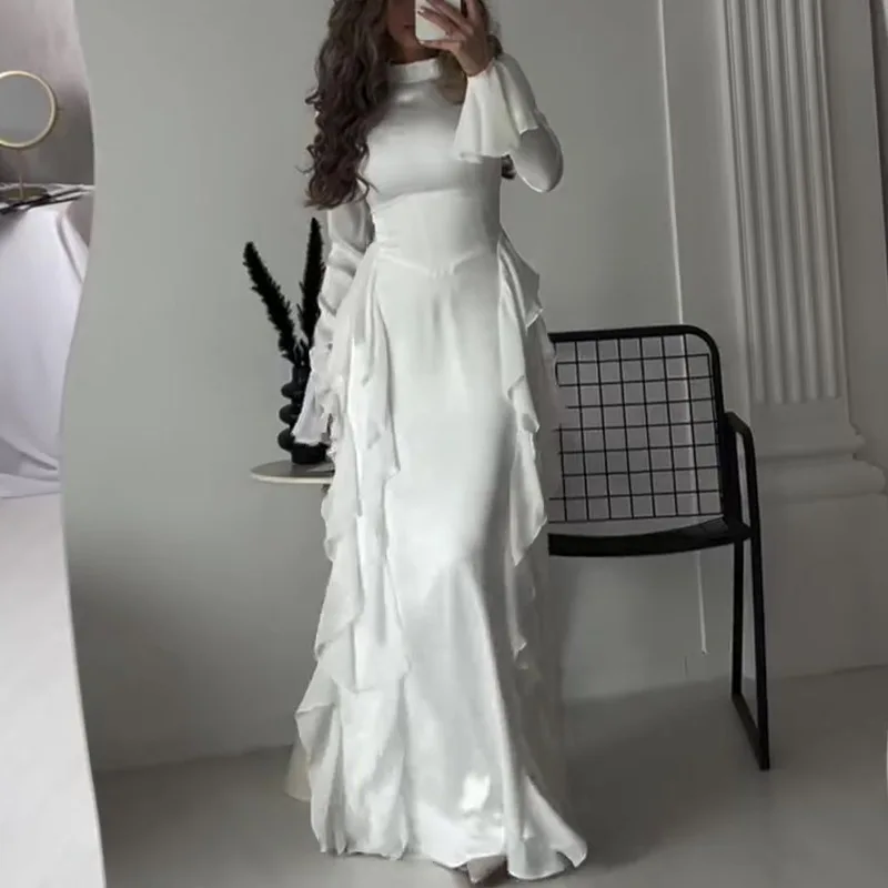 

Women's Dresses New 2024 Autumn Round Neck Trumpet Sleeves with High Waist Splicing To Look Thin Dress Elegant Solid Skirt Y2k