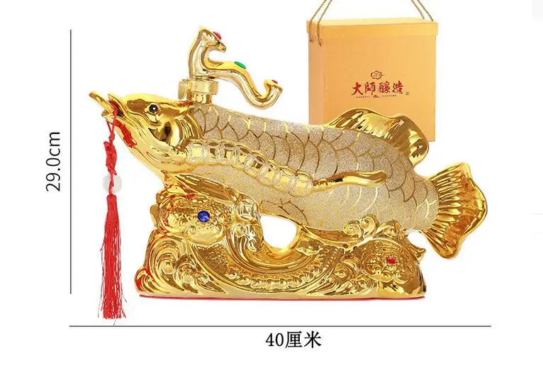 40CM LARGE TOP COOL home OFFICE BAR CLUB Business ART FENG SHUI Money Drawing Gold Dragon Fish Arowana Ornament Wine pot statue