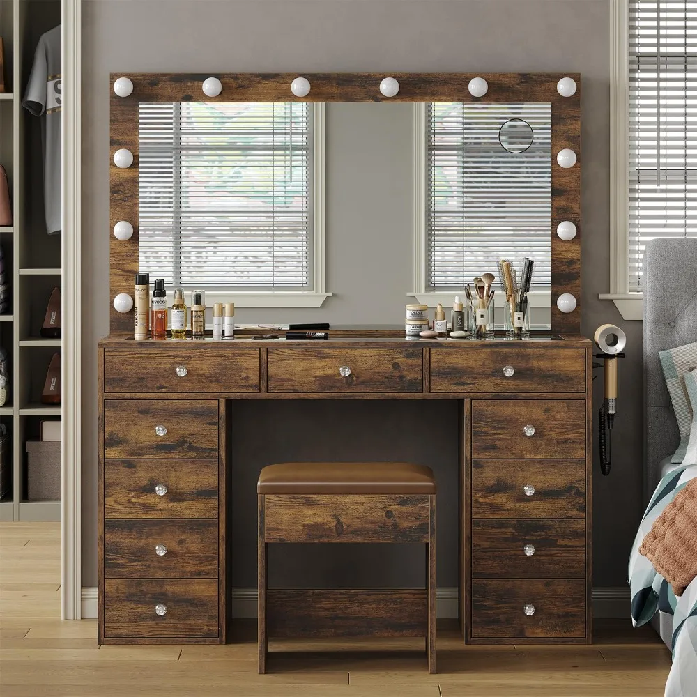 Vanity Desk & Power Outlet, Makeup Table with Mirror, 12 LED Lights & 3 Lighting Modes, 11 Drawers, Includes Chair